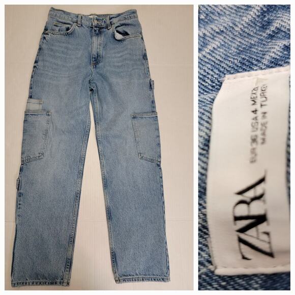 Zara Cargo Jeans Womens Sz 4 Slim Straight High Rise Carpenter Utility Pockets - Picture 1 of 11